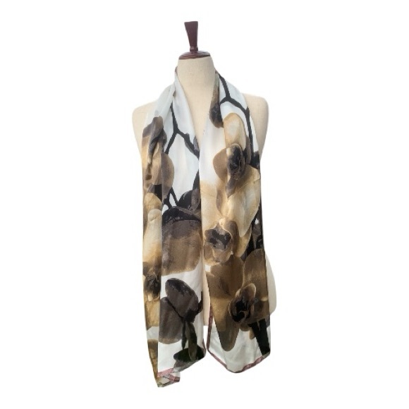 Vince Camuto Brown and Cream Black White Classic Floral Luxe Silk Scarf - Picture 1 of 5
